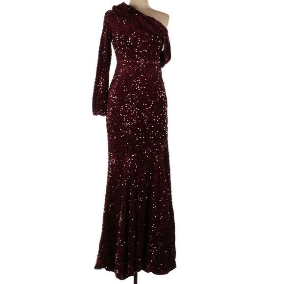 Burgundy Sequin Maxi One Shoulder Dress - Picture 2 of 4